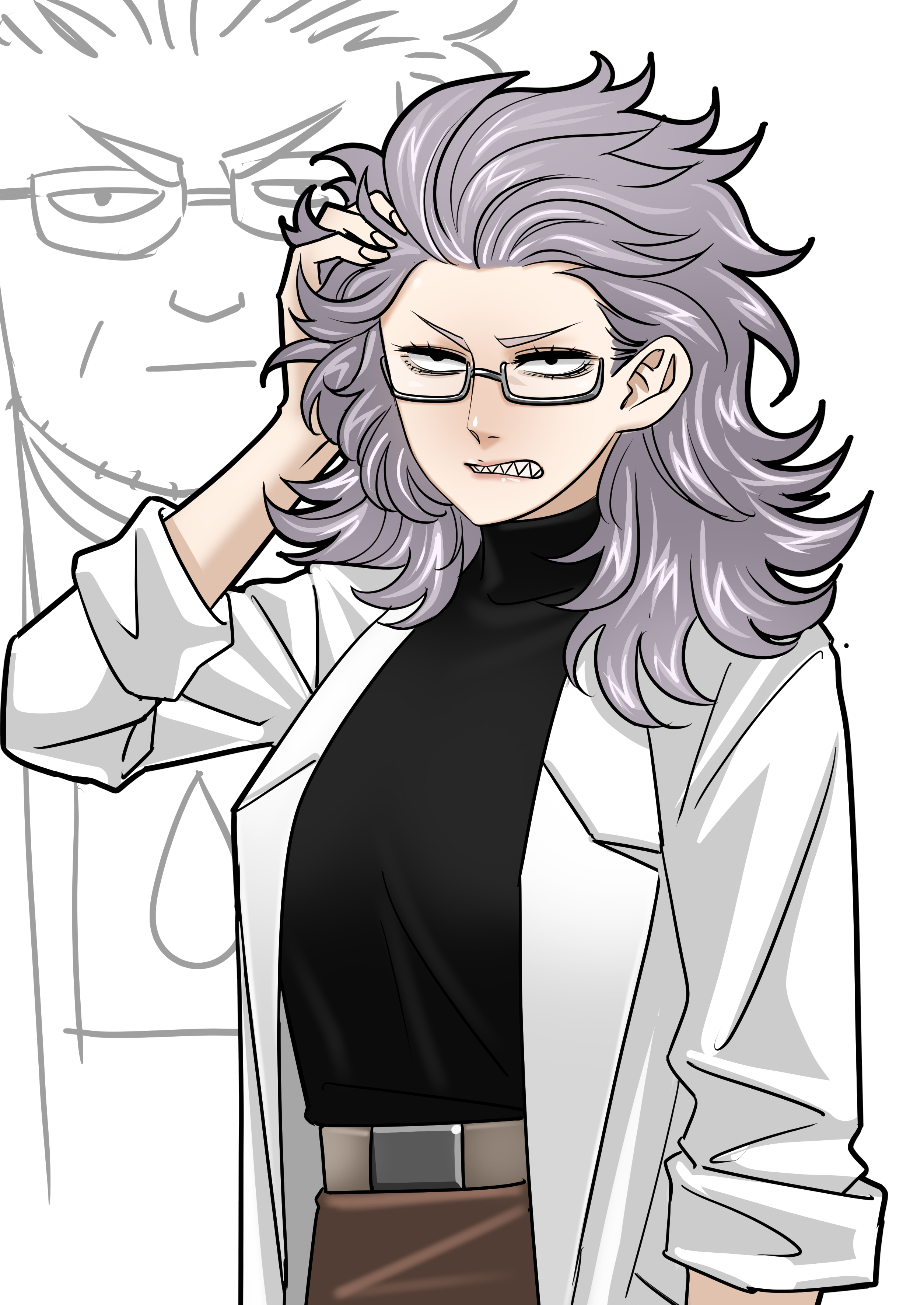 segata3shirou, puniru wa kawaii slime, absurdres, highres, 1girl, arm up, black shirt, brown skirt, coat, genderswap, genderswap (mtf), glasses, grey-framed eyewear, grey hair, grin, hand in own hair, lab coat, long hair, mado hiroshi, mature female, semi-rimless eyewear, sharp teeth, shirt, skirt, sleeves rolled up, smile, solo, teeth, turtleneck, turtleneck shirt, white coat