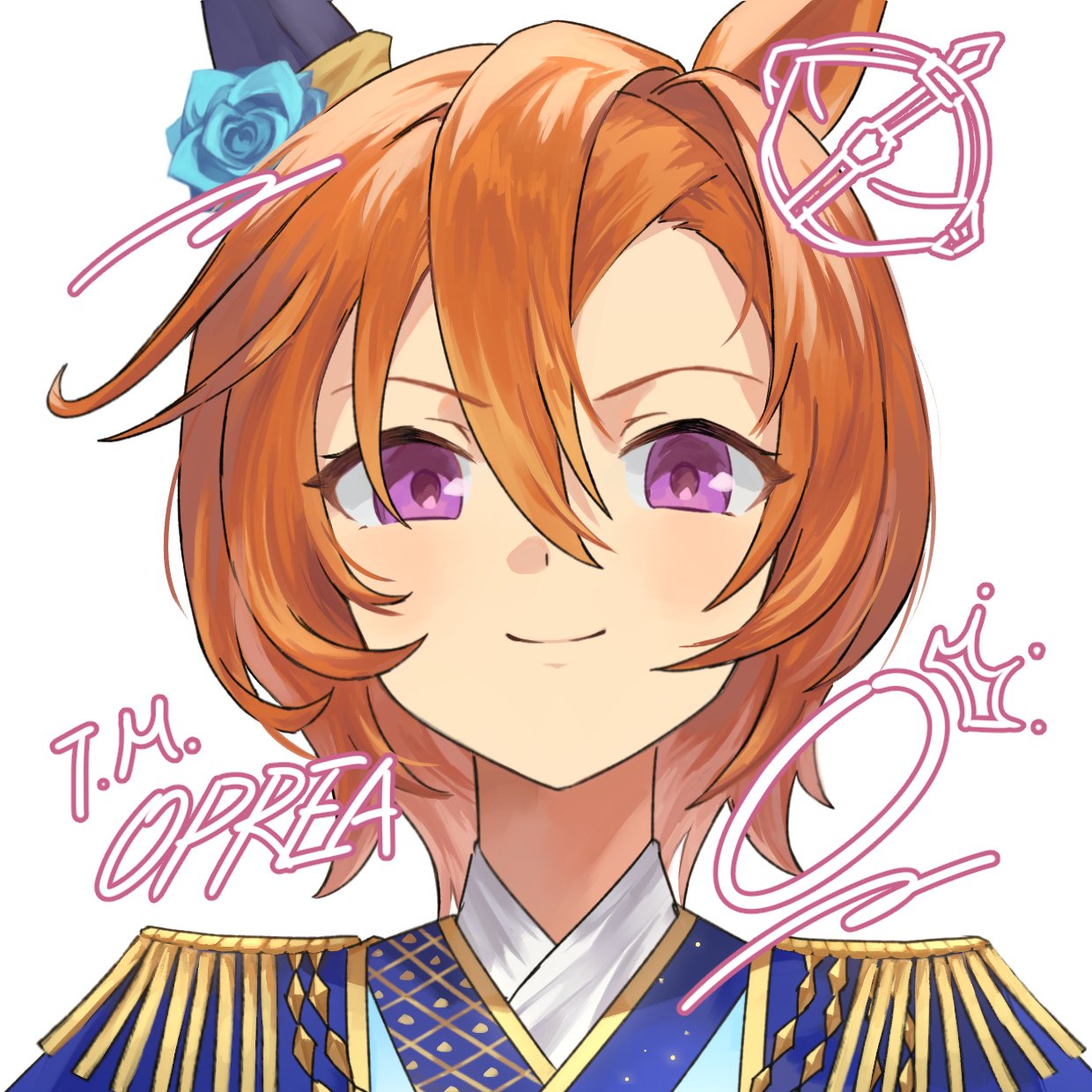 t.m. opera o (umamusume), umamusume, commission, hashtag-only commentary, highres, 1girl, animal ears, blue flower, blue rose, brown hair, character name, closed mouth, ear covers, ear flower, epaulettes, flower, hair between eyes, horse ears, horse girl, looking at viewer, portrait, purple eyes, rose, s2 medi, short hair, simple background, single ear cover, smile, solo, typo, white background