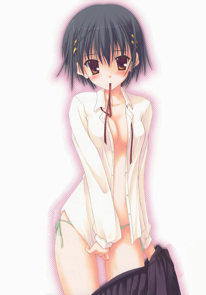 nanao naru, game cg, 1girl, black hair, blush, breasts, brown eyes, female focus, mouth hold, no bra, open clothes, open shirt, panties, shirt, short hair, side-tie panties, solo, underwear, undressing, yellow eyes