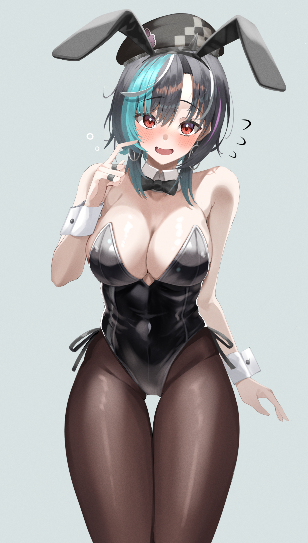 create os, rindo chihaya, hololive, hololive dev is, highres, 1girl, animal ear hairband, animal ears, aqua hair, beret, black hair, blush, bow, bowtie, breasts, detached collar, fake animal ears, hairband, hat, highleg, highleg leotard, jewelry, large breasts, leotard, looking at viewer, medium hair, multicolored hair, open mouth, pantyhose, playboy bunny, rabbit ear hairband, rabbit ears, red eyes, solo, strapless, strapless leotard, streaked hair, traditional bowtie, virtual youtuber, white hair, white wrist cuffs, wrist cuffs
