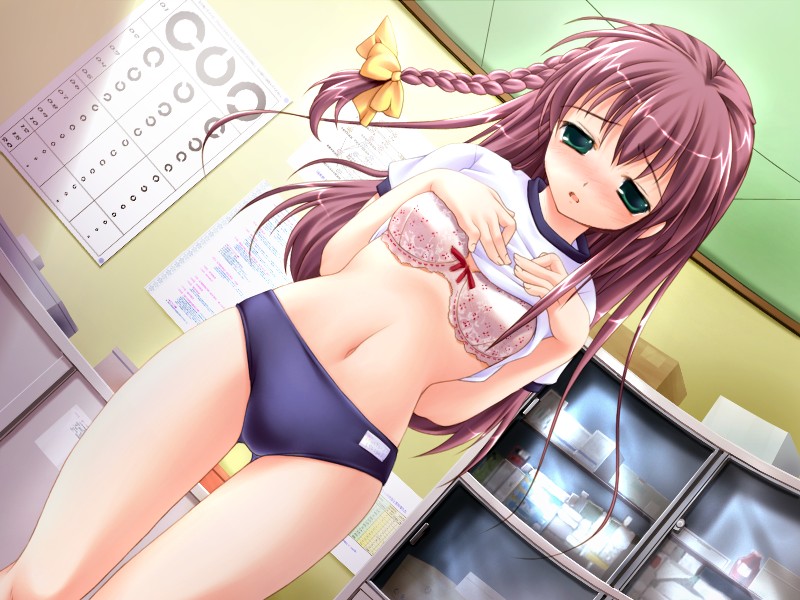 mikeou, yuuki nako, konneko, game cg, 1girl, blush, bow, bow bra, bra, braid, brown hair, buruma, clothes lift, dutch angle, eye chart, female focus, green eyes, gym shirt, gym uniform, hair bow, indoors, landolt c, lingerie, long hair, nose blush, open mouth, pink bra, print bra, shirt, shirt lift, single braid, solo, thigh gap, underwear