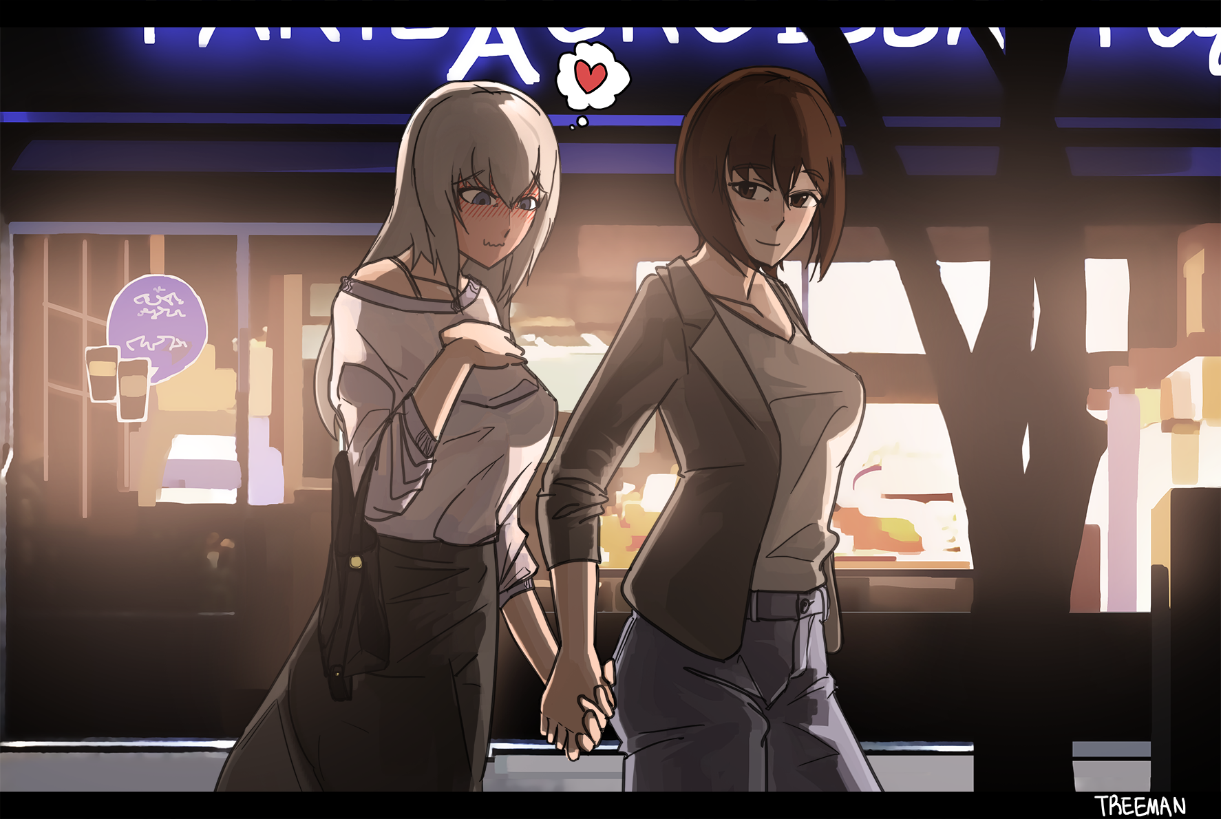 treeman, itsumi erika, nishizumi maho, girls und panzer, highres, 2girls, alternate costume, black bag, black skirt, blush, bra strap, breasts, brown hair, brown jacket, cafe, casual, collarbone, dating, denim, grey eyes, grey hair, grey shirt, heart, holding hands, jacket, jeans, large breasts, long hair, long skirt, multiple girls, night, off-shoulder shirt, off shoulder, pants, road, shirt, short hair, skirt, smile, street, tree, yuri