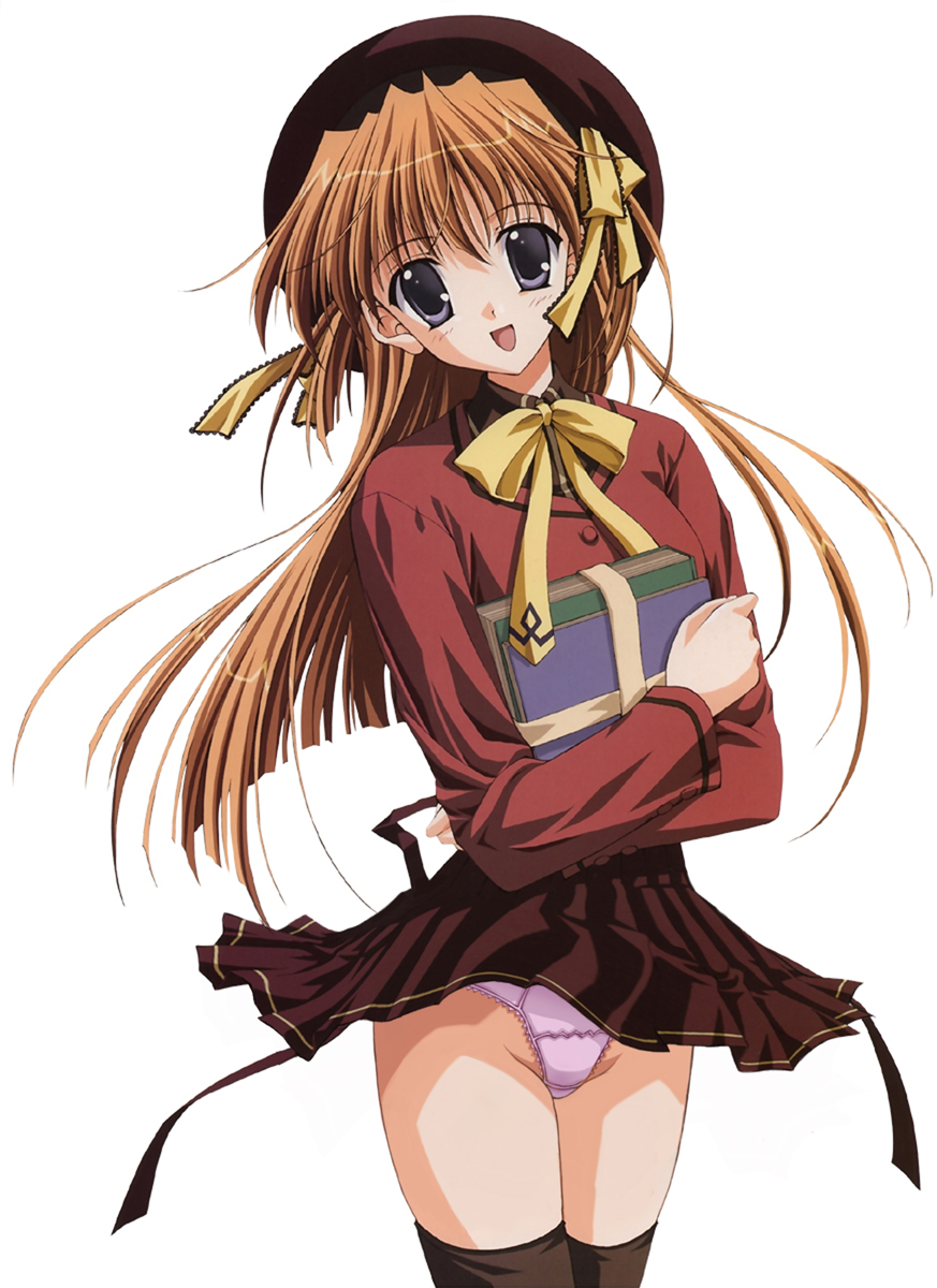 circus (game), circus (studio), game cg, highres, 1girl, black thighhighs, clothes lift, female focus, lace, lace-trimmed panties, lace trim, miniskirt, panties, purple panties, simple background, skirt, skirt lift, solo, standing, thighhighs, underwear, wind, wind lift