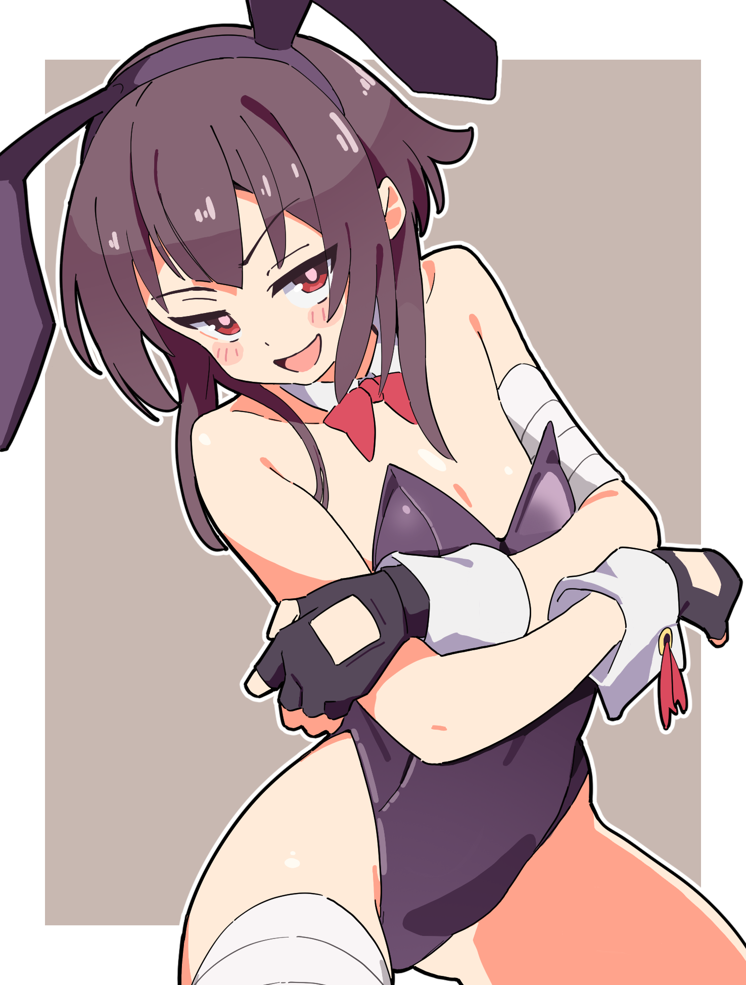 noyama takenoko, megumin, kono subarashii sekai ni shukufuku wo!, commentary, highres, 1girl, alternate costume, animal ear hairband, animal ears, arms under breasts, bandaged arm, bandaged leg, bandages, bare shoulders, black gloves, black hair, black leotard, blush, bow, bowtie, covered navel, cowboy shot, detached collar, fake animal ears, fingerless gloves, flat chest, gloves, grey background, hairband, highleg, highleg leotard, leotard, looking at viewer, open mouth, outline, playboy bunny, rabbit ear hairband, rabbit ears, red bow, red bowtie, red eyes, short hair with long locks, solo, strapless, strapless leotard, two-tone background, white background, white outline, white wrist cuffs, wrist cuffs