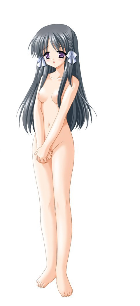 muririn, arisugawa haruka, yumemite night!, game cg, source request, 1girl, black hair, blush, braid, breasts, covering crotch, covering privates, female focus, hair ribbon, loli, long hair, nipples, nude, purple eyes, ribbon, small breasts, solo, tress ribbon, twin braids