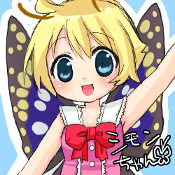 noriko (artist), noriko (pandora), shimon (shimotsuma), shimotsuma, lowres, 1girl, antennae, blonde hair, blue eyes, fairy, female focus, ribbon, short hair, solo, wings