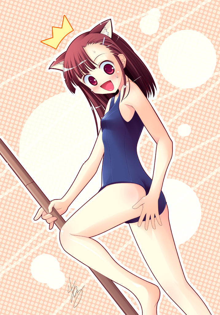 al azif (artist), aru (abyssinia), sakurazaki setsuna, mahou sensei negima!, 00s, 1girl, ^^^, animal ears, asymmetrical bangs, blush, cat ears, covering ass, covering privates, female focus, hair down, hair ornament, hairclip, katana, one-piece swimsuit, polka dot, red eyes, red hair, school swimsuit, signature, smile, solo, surprised, sweatdrop, swimsuit, sword, weapon
