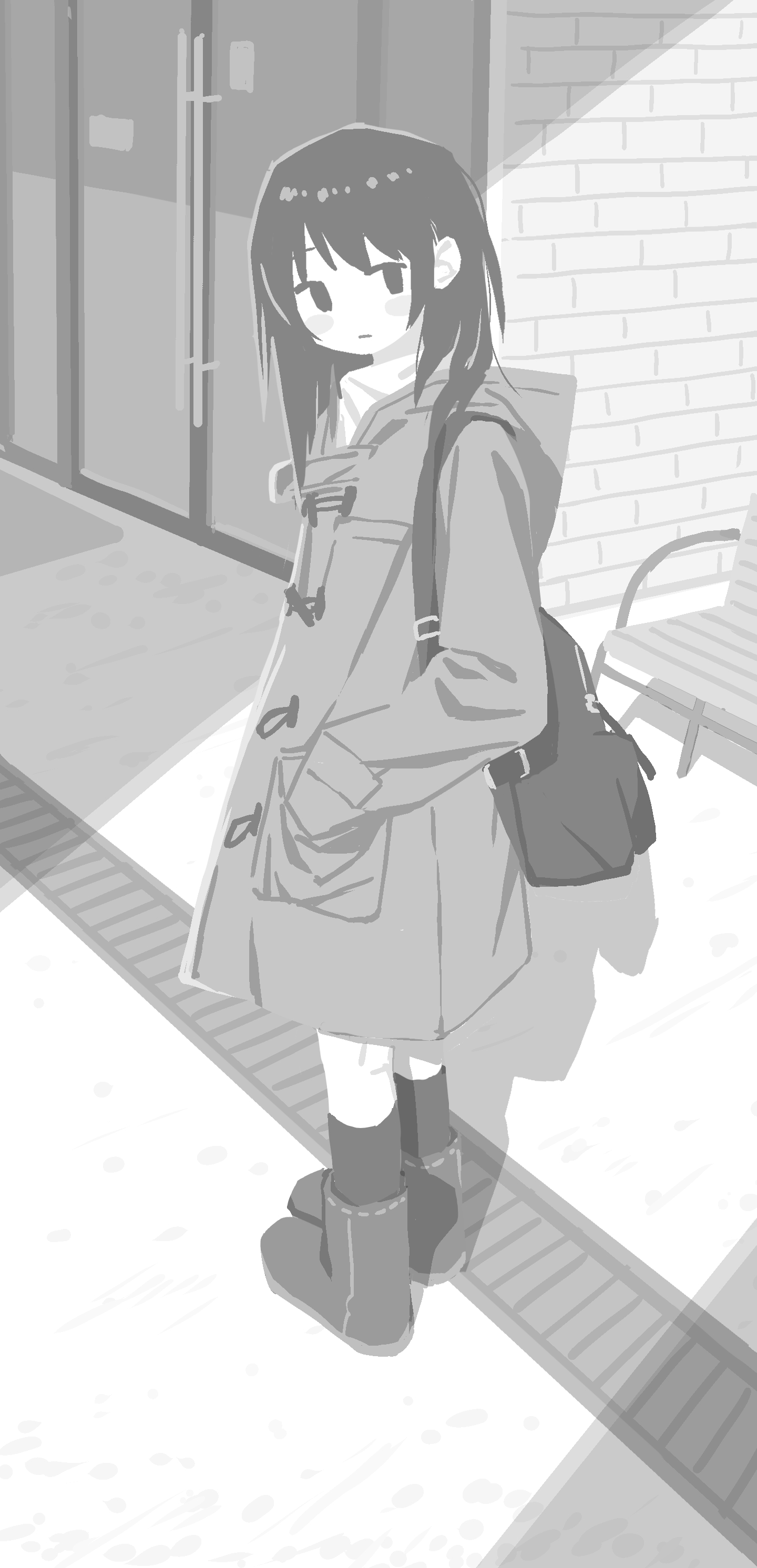 original, absurdres, highres, 1girl, azmogu451, bag, blush, boots, building, coat, greyscale, looking at viewer, monochrome, outdoors, socks, solo, standing