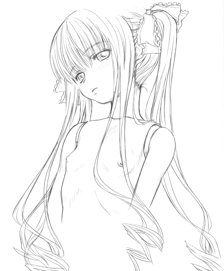 aoi kumiko, shinku, rozen maiden, 00s, doll joints, flat chest, greyscale, joints, monochrome, nipples, nude, sketch, solo