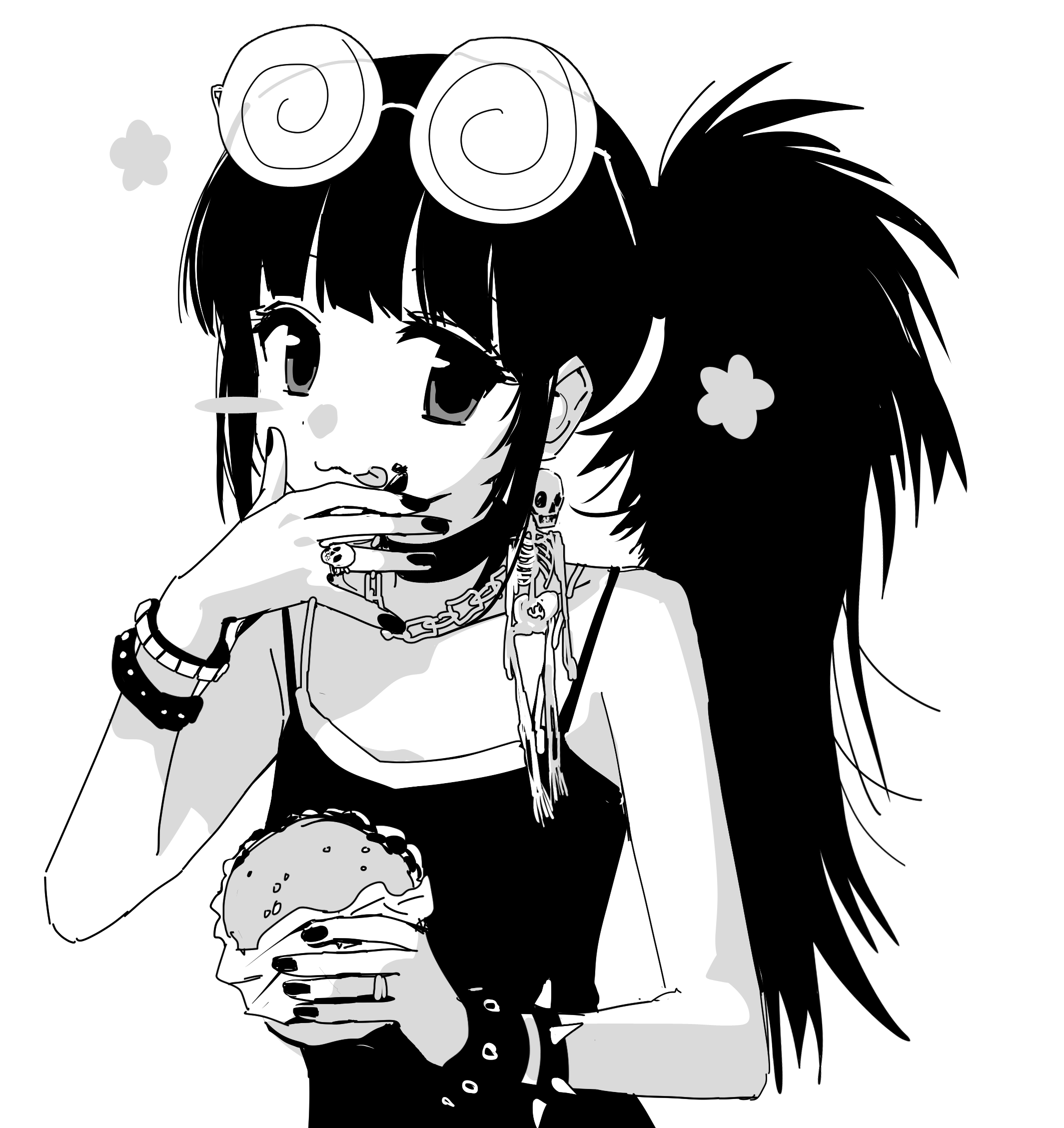 paldu, original, highres, 1girl, bracelet, burger, eating, eyewear on head, food, greyscale, holding, holding food, jewelry, long hair, monochrome, nail polish, ring, shirt, solo, spikes, studded bracelet, sunglasses, upper body