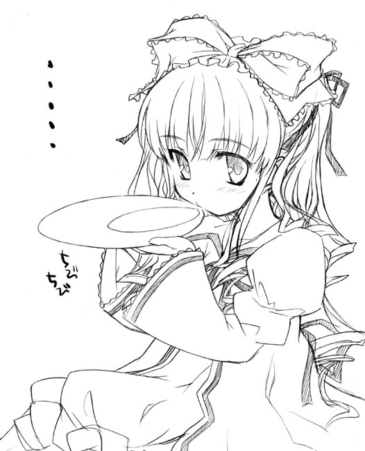 aoi kumiko, hinaichigo, rozen maiden, 00s, alcohol, greyscale, monochrome, sake, solo