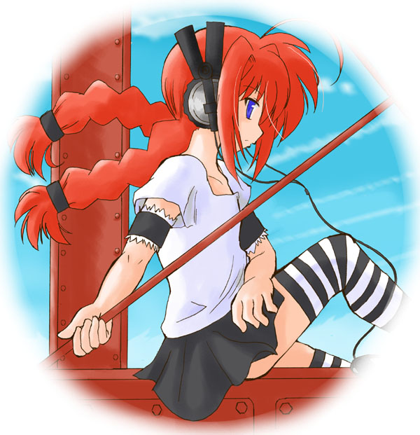 oko jo, vita (nanoha), lyrical nanoha, mahou shoujo lyrical nanoha, mahou shoujo lyrical nanoha a's, 00s, 1girl, arm garter, blue eyes, braid, female focus, headphones, orange hair, shirt, solo, striped clothes, striped thighhighs, t-shirt, thighhighs, twin braids