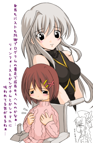 reinforce, vita (nanoha), yagami hayate, lyrical nanoha, mahou shoujo lyrical nanoha, mahou shoujo lyrical nanoha a's, lowres, translation request, 00s, 3girls, brown hair, multiple girls, powered wheelchair, single hair intake, wheelchair, white hair
