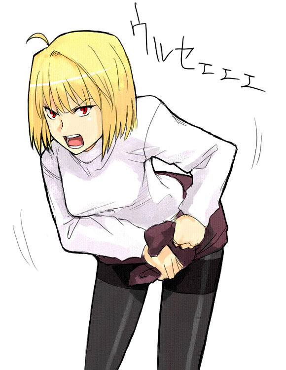 yu 65026, arcueid brunestud, tsukihime, 00s, 1girl, ahoge, annoyed, bent over, black pantyhose, blonde hair, female focus, long skirt, long sleeves, open mouth, pantyhose, purple skirt, red eyes, short hair, simple background, skirt, solo, sweater, thighband pantyhose, turtleneck, white background, wringing clothes, wringing skirt