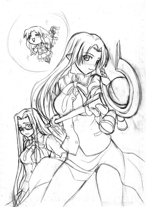 soba (saz), medea (caster) (fate), medea (fate), medusa (fate), medusa (rider) (fate), raising heart, raising heart (accel mode), takamachi nanoha, fate/stay night, fate (series), lyrical nanoha, mahou shoujo lyrical nanoha, 2girls, borrowed weapon, cosplay, glasses, greyscale, homurabara academy school uniform, long hair, monochrome, multiple girls, pantyhose, parody, pointy ears, school uniform, square pupils, takamachi nanoha (cosplay)