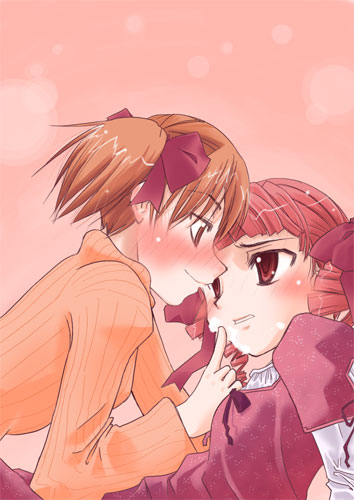 mizuhara tatsuki, fukuzawa yumi, matsudaira touko, maria-sama ga miteru, striped, lowres, 00s, 2girls, blush, brown eyes, dress, hair ribbon, index finger raised, long sleeves, looking at another, multiple girls, one side up, parted lips, pink background, red dress, red eyes, ribbon, short hair, simple background, smile, smirk, sweater, vertical stripes, yuri