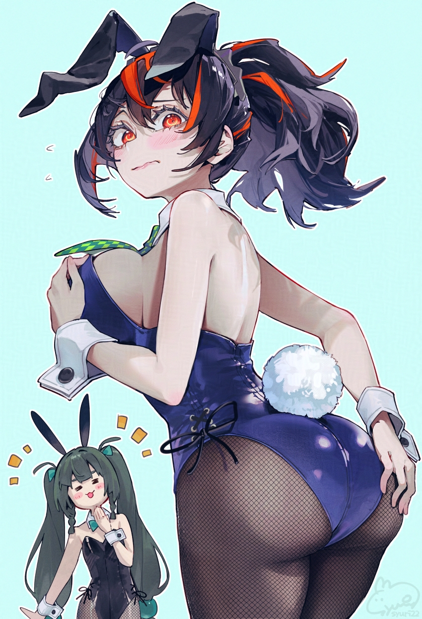 syuri22, qingyi (zenless zone zero), zhu yuan, zenless zone zero, highres, 2girls, = =, alternate costume, animal ears, aqua background, ass, black hair, black leotard, blue leotard, blush, breasts, bunny day, checkered necktie, detached collar, fishnet pantyhose, fishnets, green hair, large breasts, leotard, looking at viewer, looking back, multicolored hair, multiple girls, necktie, pantyhose, playboy bunny, ponytail, rabbit ears, rabbit tail, red eyes, red hair, strapless, strapless leotard, streaked hair, tail, twintails, wrist cuffs