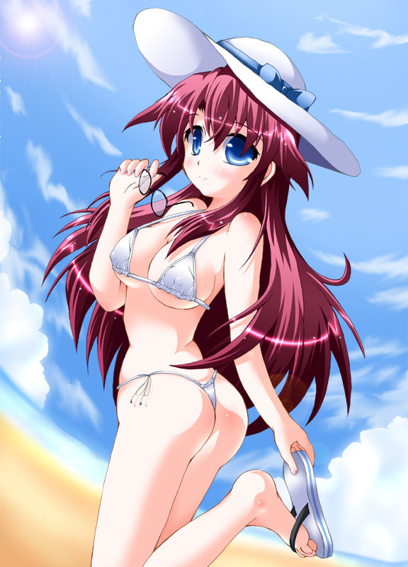 futaba shion, utanone shion, aty, aty (summon night), summon night, summon night 3, 1girl, ass, beach, bikini, blue eyes, blush, breasts, cloud, covered erect nipples, day, female focus, flip-flops, glasses, hat, holding, holding removed eyewear, long hair, medium breasts, micro bikini, outdoors, panties, pink hair, red hair, sandals, side-tie bikini bottom, sky, smile, solo, sun hat, swimsuit, thong, thong bikini, underboob, underwear, unworn eyewear, white bikini