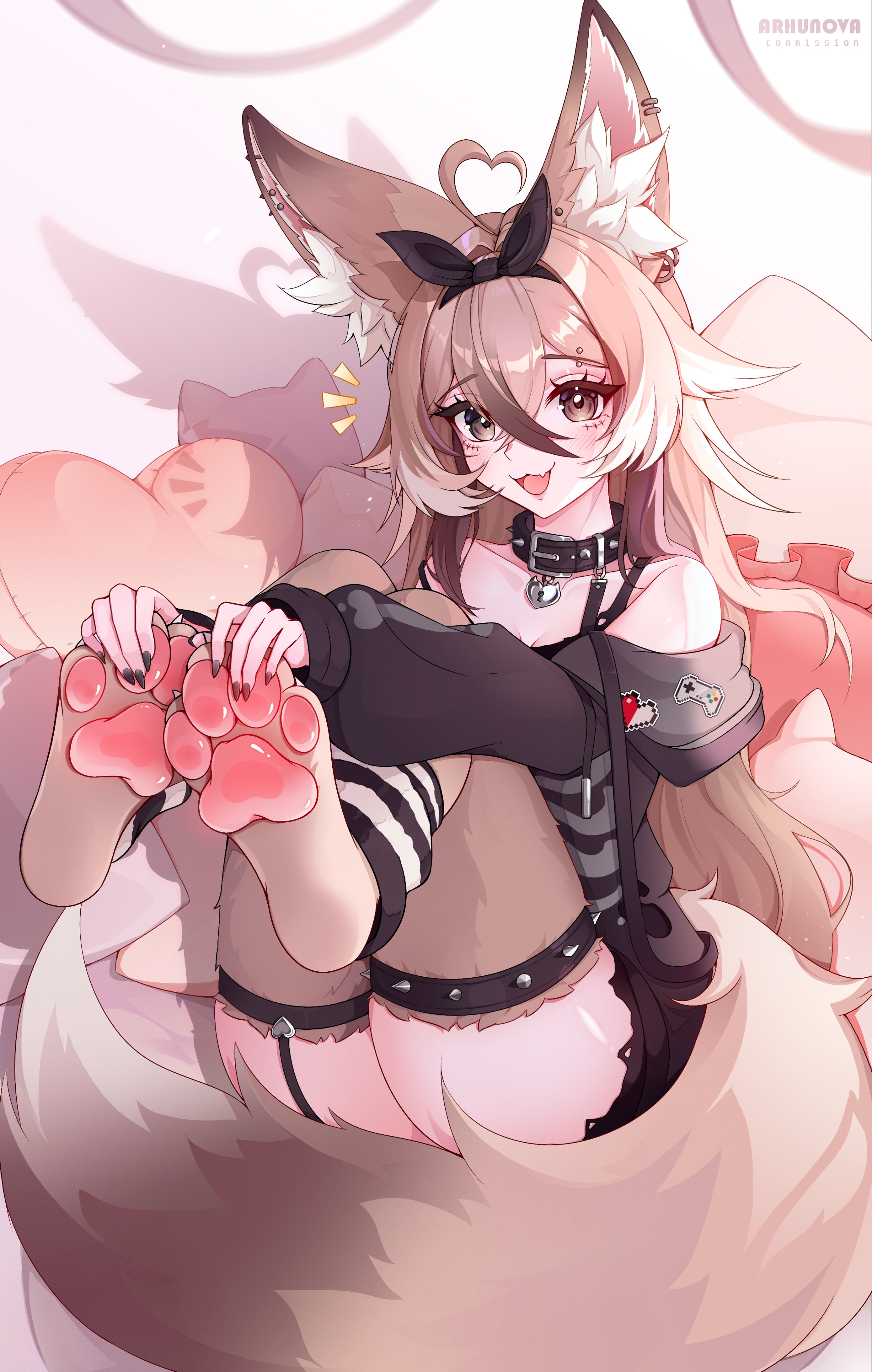indie virtual youtuber, absurdres, commentary, commission, english commentary, highres, 1girl, :3, ahoge, animal ear fluff, animal ears, animal feet, anti-eyebrow piercing, arhunova, artist name, bare shoulders, belt collar, black bow, black collar, black hoodie, black nails, black shorts, bow, brown eyes, brown fur, brown hair, brown tail, collar, crossed bangs, double-parted bangs, effinfox, face piercing, fang, feet, fennec fox, fox ears, fox girl, fox tail, hair between eyes, hair bow, heart, heart-shaped lock, heart ahoge, hood, hoodie, hoodie partially removed, leg fur, long hair, long sleeves, looking at viewer, nail polish, notice lines, open mouth, piercing, shadow, short shorts, shorts, sitting, skin fang, smile, solo, spiked collar, spiked thigh strap, spikes, tail, thigh strap, thighs, virtual youtuber