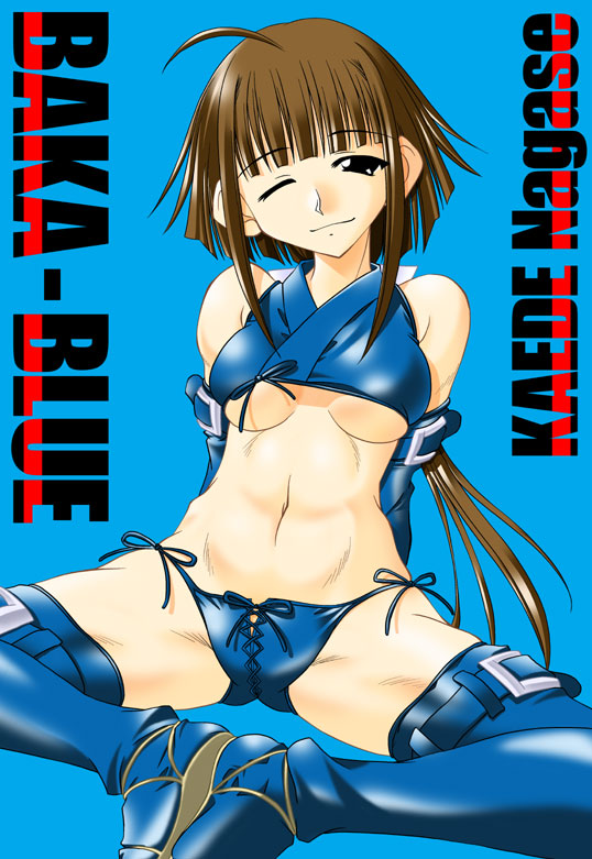 k.m.station, mahora baka rangers, nagase kaede, mahou sensei negima!, 00s, 1girl, arm support, arms behind back, belt, blue background, blue gloves, blue panties, boots, bow, bow panties, breasts, brown hair, crop top, elbow gloves, female focus, gloves, long hair, muscular, navel, one eye closed, panties, ponytail, side-tie panties, sitting, solo, spread legs, thigh boots, thighhighs, tokusatsu, toned, toned female, underboob, underwear, wink