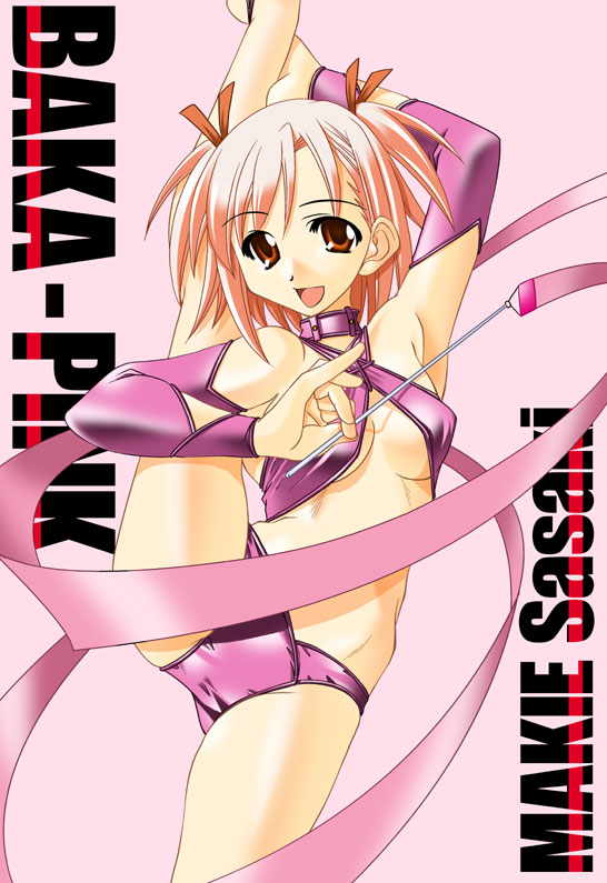 k.m.station, mahora baka rangers, sasaki makie, mahou sensei negima!, 00s, 1girl, bra, breasts, collar, contortion, detached sleeves, female focus, flexible, hair ribbon, high kick, kicking, lingerie, panties, pink eyes, pink hair, pink panties, ribbon, ribbon baton, short twintails, solo, split, standing, standing on one leg, standing split, tokusatsu, twintails, underboob, underwear, underwear only