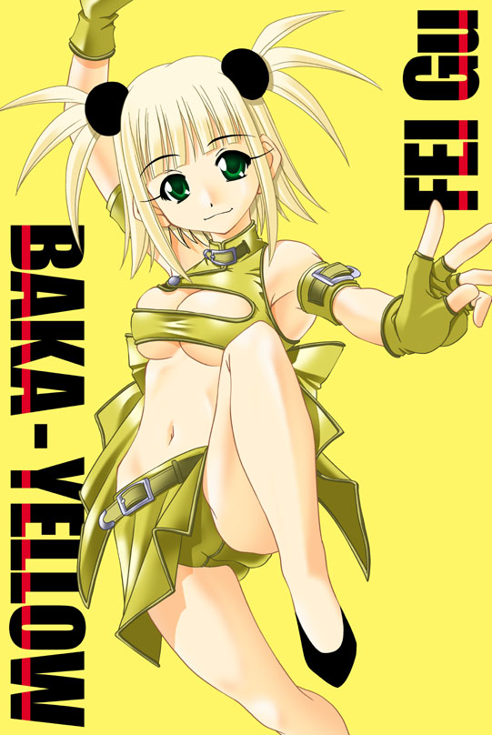 k.m.station, kufei, mahora baka rangers, mahou sensei negima!, 00s, 1girl, armband, belt, black shoes, blonde hair, bow, breasts, cleavage, crop top, female focus, fighting stance, fingerless gloves, gloves, green eyes, hair bobbles, hair ornament, high heels, large bow, leg lift, miniskirt, navel, panties, pantyshot, shoes, short hair, short twintails, skirt, solo, tokusatsu, twintails, two side up, underboob, underwear, yellow background, yellow gloves, yellow panties