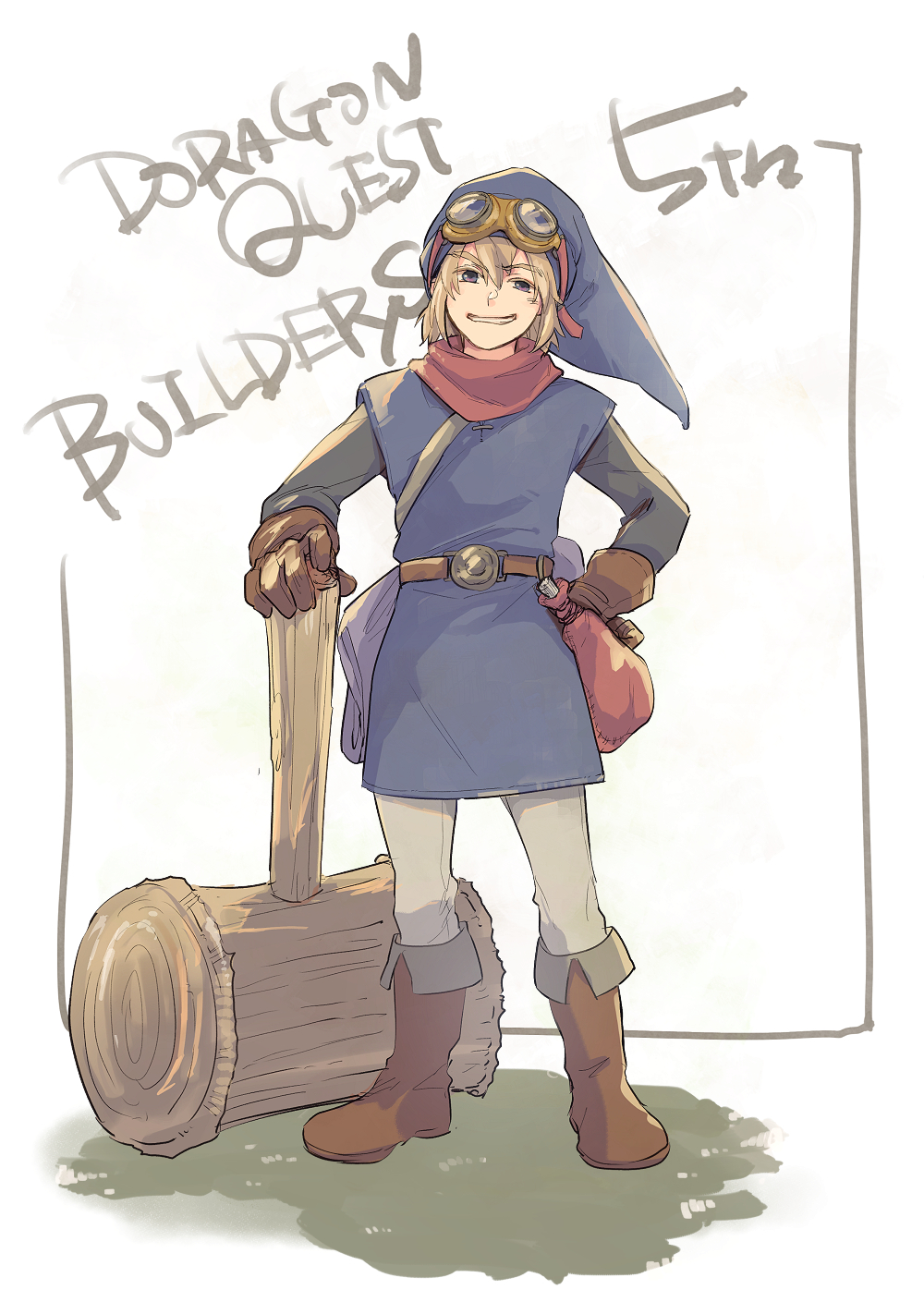 yon yosi, male builder (dqb), dragon quest, dragon quest builders, commentary request, highres, 1boy, anniversary, black sleeves, blonde hair, blue eyes, blue hat, blue tunic, boots, brown boots, brown gloves, colored eyelashes, copyright name, full body, gloves, goggles, goggles on headwear, grin, hammer, hand on own hip, hat, male focus, neckerchief, pants, planted, red neckerchief, short hair, smile, solo, tunic, white pants