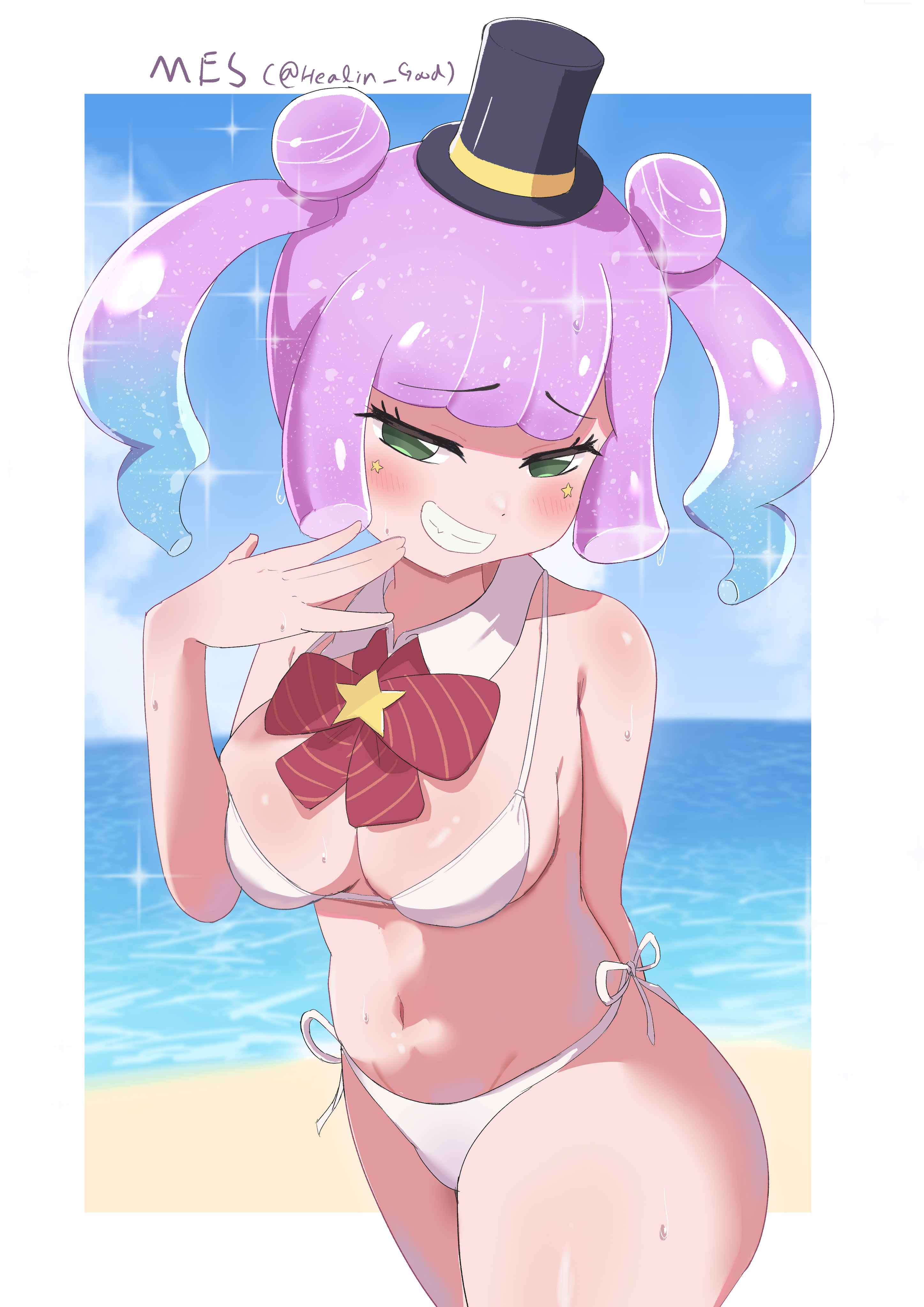 furugo-ri280, gyaru kawaii puniru, puniru (puniru wa kawaii slime), puniru wa kawaii slime, absurdres, highres, artist name, beach, bikini, black hat, blue hair, border, bow, bowtie, breasts, clenched teeth, detached collar, double bun, fang, gradient hair, green eyes, grin, hair bun, hat, looking at viewer, medium breasts, mini hat, mini top hat, multicolored hair, navel, ocean, outdoors, purple hair, red bow, red bowtie, side-tie bikini bottom, sky, slime hair, smile, sweat, swimsuit, teeth, top hat, twitter username, white bikini, white border