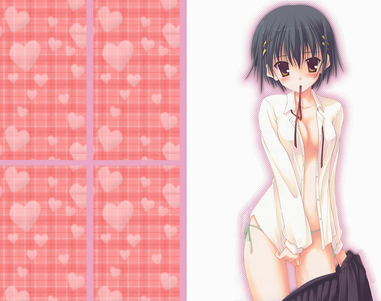 nanao naru, 1girl, black hair, blush, brown eyes, dress shirt, female focus, green panties, hair ornament, hairband, hairclip, heart, heart print, mouth hold, open clothes, open shirt, panties, pleated skirt, ribbon, school uniform, serafuku, shirt, shirt tug, short hair, side-tie panties, skirt, solo, underwear, undressing