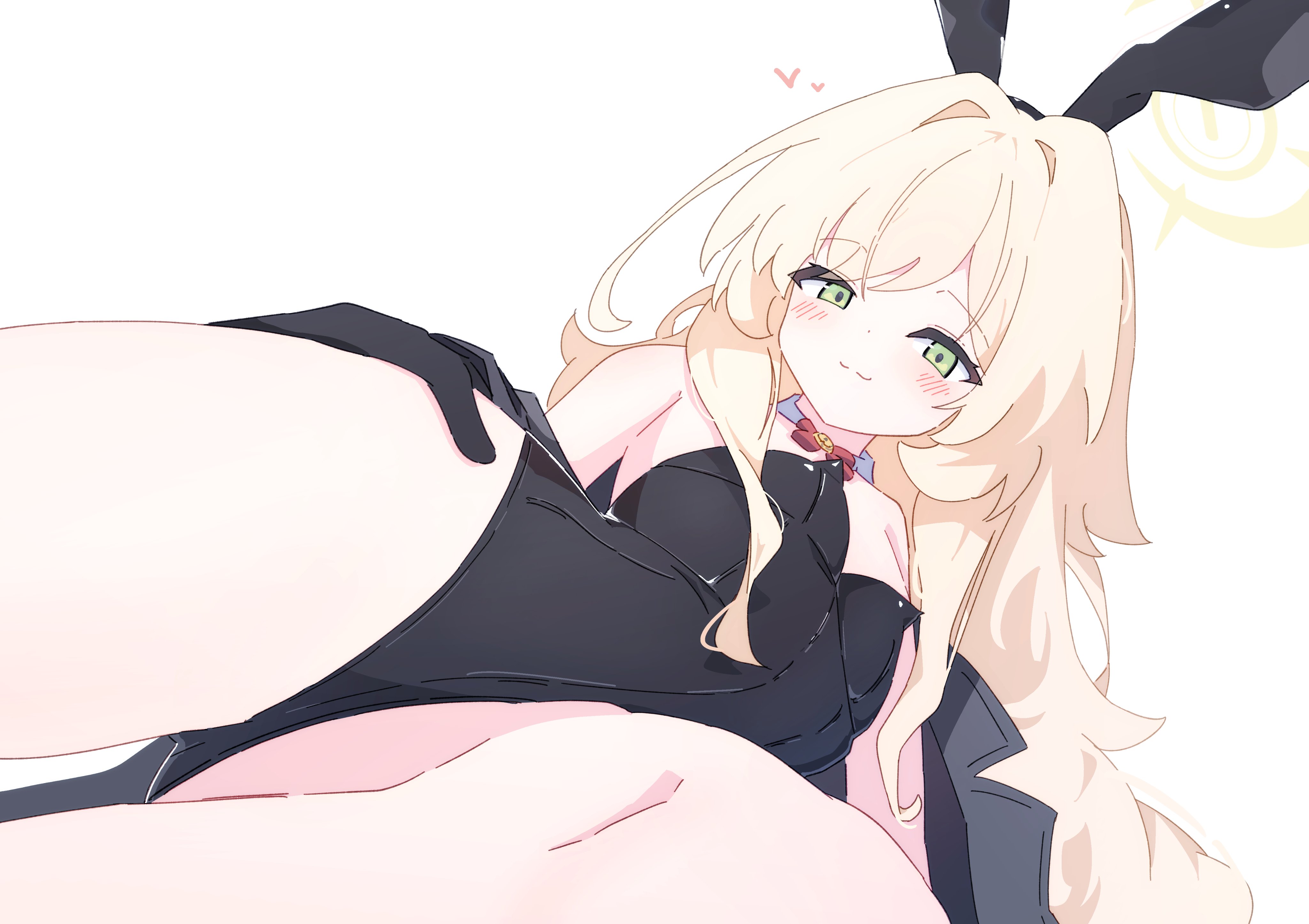 shiratos nas, professor niyaniya (blue archive), blue archive, fluffy hair, absurdres, highres, 1girl, :3, animal ear hairband, animal ears, black gloves, black leotard, blonde hair, detached collar, fake animal ears, gloves, green eyes, hair intakes, hairband, halo, heart, holding own leg, leotard, playboy bunny, rabbit ears, simple background, smug, solo, strapless, strapless leotard, thighs, white background, yellow halo