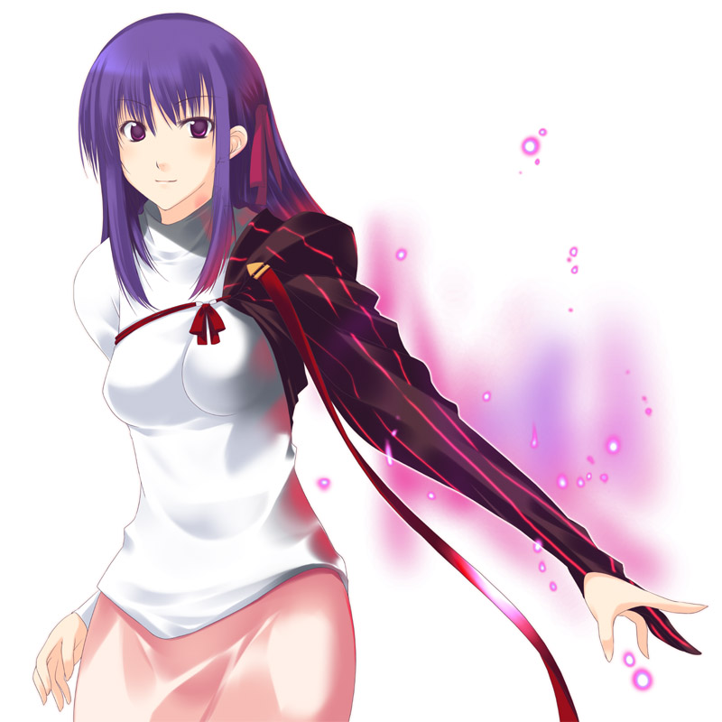dark matou sakura, dark sakura, matou sakura, fate/stay night, fate (series), 00s, 1girl, blush, cowboy shot, female focus, hair ribbon, long sleeves, looking at viewer, magic, official alternate costume, pink skirt, purple eyes, purple hair, ribbon, shirt, simple background, skirt, smile, solo, standing, white shirt