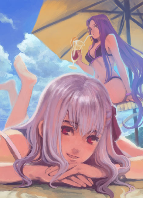 matou sakura, medusa (fate), medusa (rider) (fate), fate/stay night, fate (series), 00s, 2girls, barefoot, beach, beach umbrella, bikini, cloud, cocktail, day, feet, long hair, multiple girls, outdoors, purple hair, red eyes, sky, swimsuit, umbrella, very long hair