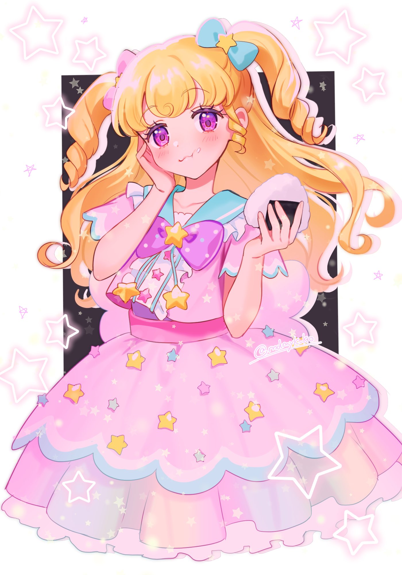 mendamen, yumekawa yui, idol time pripara, pretty series, pripara, commentary, highres, symbol-only commentary, 1girl, blonde hair, blue sailor collar, bow, center frills, cowboy shot, drop shadow, eating, food, food on face, frilled skirt, frills, hair bow, hair ornament, hand on own cheek, hand on own face, hands up, holding, holding food, idol clothes, layered skirt, long hair, looking at viewer, onigiri, pink shirt, purple bow, purple eyes, rice, rice on face, ringlets, sailor collar, shirt, skirt, solo, standing, star (symbol), star hair ornament, star symbol background, two side up