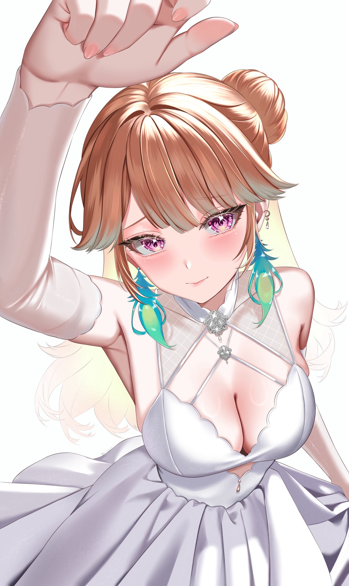 takanashi kiara, hololive, hololive english, highres, 1girl, alternate costume, arm up, breasts, cleavage, dress, earrings, feather earrings, feathers, hair bun, jewelry, kabedon, kabedon on viewer, large breasts, light smile, looking at viewer, orange hair, purple eyes, simple background, solo, ssiiiyyaa, virtual youtuber, white background, white dress