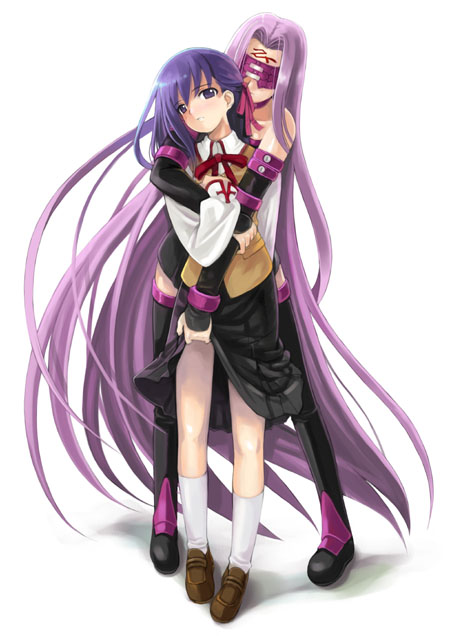 mikazuki akira!, matou sakura, medusa (fate), medusa (rider) (fate), fate/stay night, fate (series), 00s, 2girls, clothes lift, dress, long hair, multiple girls, skirt, skirt lift, strapless, strapless dress, thighhighs, very long hair, yuri