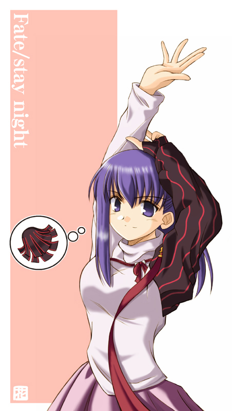 hana (hana mo arashi mo), angra mainyu, angra mainyu (fate), dark matou sakura, dark sakura, grail beast, matou sakura, fate/stay night, fate (series), striped, 00s, 1girl, arms up, asymmetrical clothes, copyright name, corruption, dark persona, female focus, light smile, official alternate costume, possessed, possession, purple eyes, purple hair, ribbon, solo, speech bubble, thought bubble