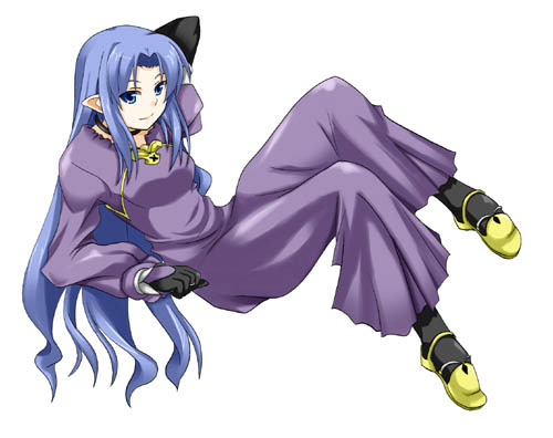 silvermoon, medea (caster) (fate), medea (fate), fate/stay night, fate (series), black legwear, lowres, 00s, 1girl, black gloves, blue eyes, blue hair, choker, dress, female focus, full body, gloves, long dress, long hair, lying, matching hair/eyes, on back, pointy ears, purple dress, shoes, sidelocks, simple background, smile, solo, very long hair, white background, yellow shoes