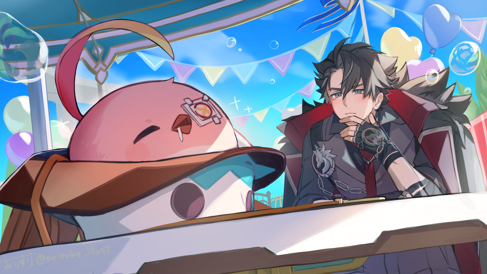arisuke (natuyan), cacucu, wriothesley (genshin impact), genshin impact, commentary request, highres, 1boy, balloon, bandaged arm, bandages, bird, black coat, black gloves, black hair, black shirt, blue eyes, blue sky, blush, bubble, chain, closed eyes, closed mouth, cloud, coat, coat on shoulders, collared shirt, cowboy hat, day, eyepatch, facial scar, fingerless gloves, fur-trimmed coat, fur trim, gloves, grey hair, grey vest, hair between eyes, hand up, hat, male focus, medical eyepatch, multicolored hair, necktie, one eye covered, open mouth, outdoors, parted bangs, red necktie, scar, scar on arm, scar on cheek, scar on face, shirt, short hair, short sleeves, sky, sleeping, solo, streaked hair, string of flags, table, two-sided coat, two-sided fabric, vest, white hat