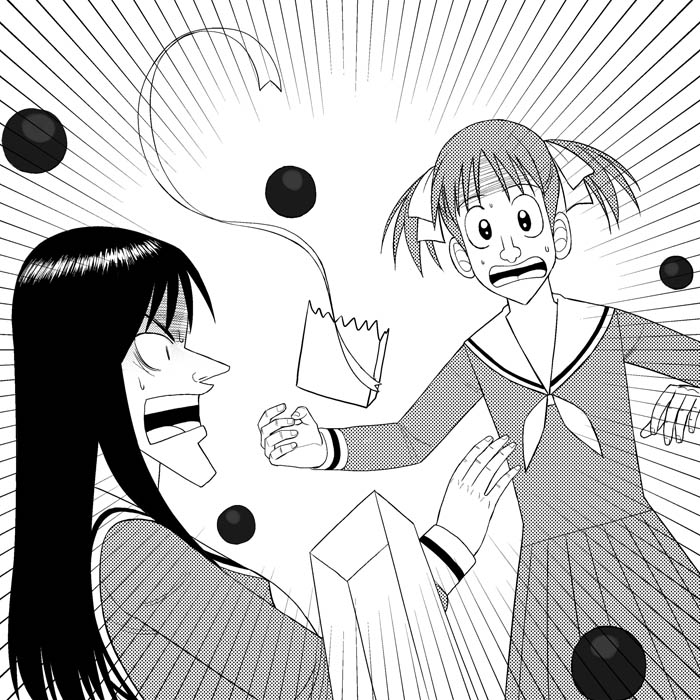 a1 (initial-g), fukuzawa yumi, ogasawara sachiko, kaiji, maria-sama ga miteru, 2girls, greyscale, long hair, long sleeves, monochrome, multiple girls, neckerchief, open mouth, parody, pleated skirt, sailor collar, school uniform, serafuku, skirt, sweatdrop, wavy mouth