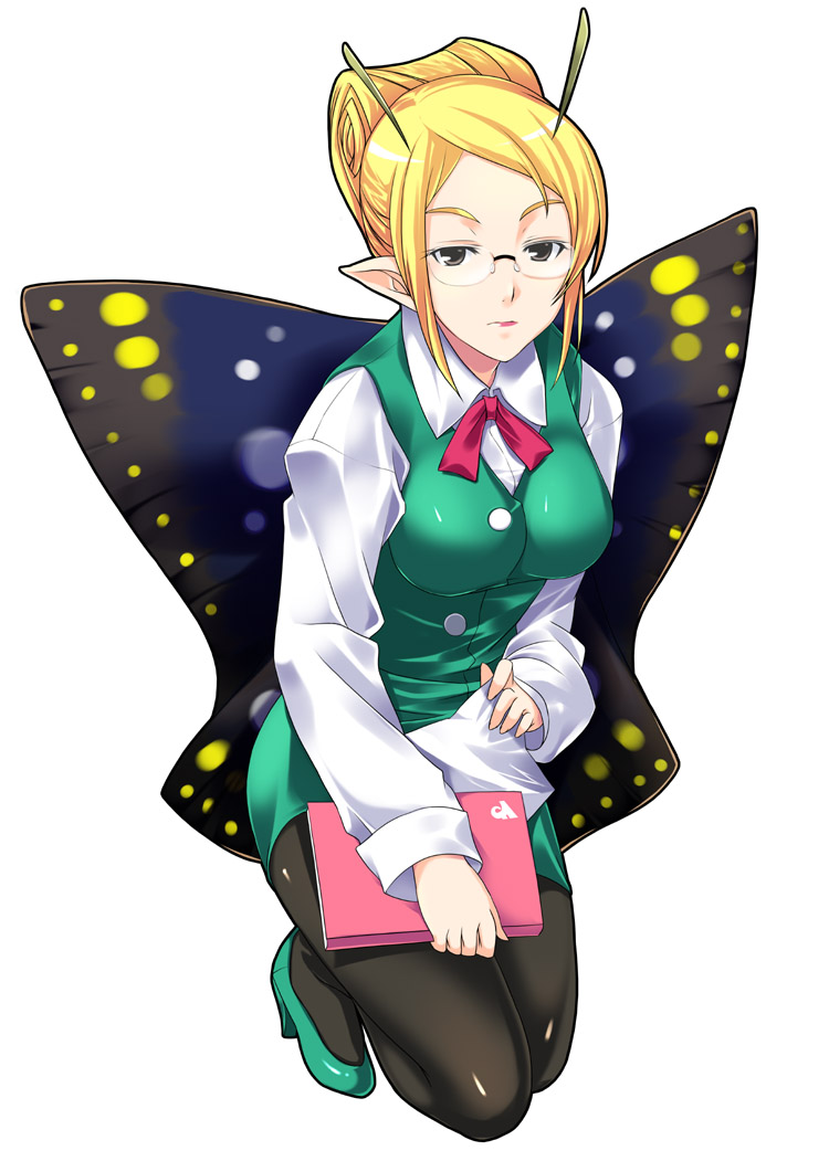 mizuki makoto, shimon (shimotsuma), shimotsuma, 1girl, aged up, antennae, black pantyhose, fairy, female focus, glasses, office lady, pantyhose, pencil skirt, pointy ears, skirt, solo, wings
