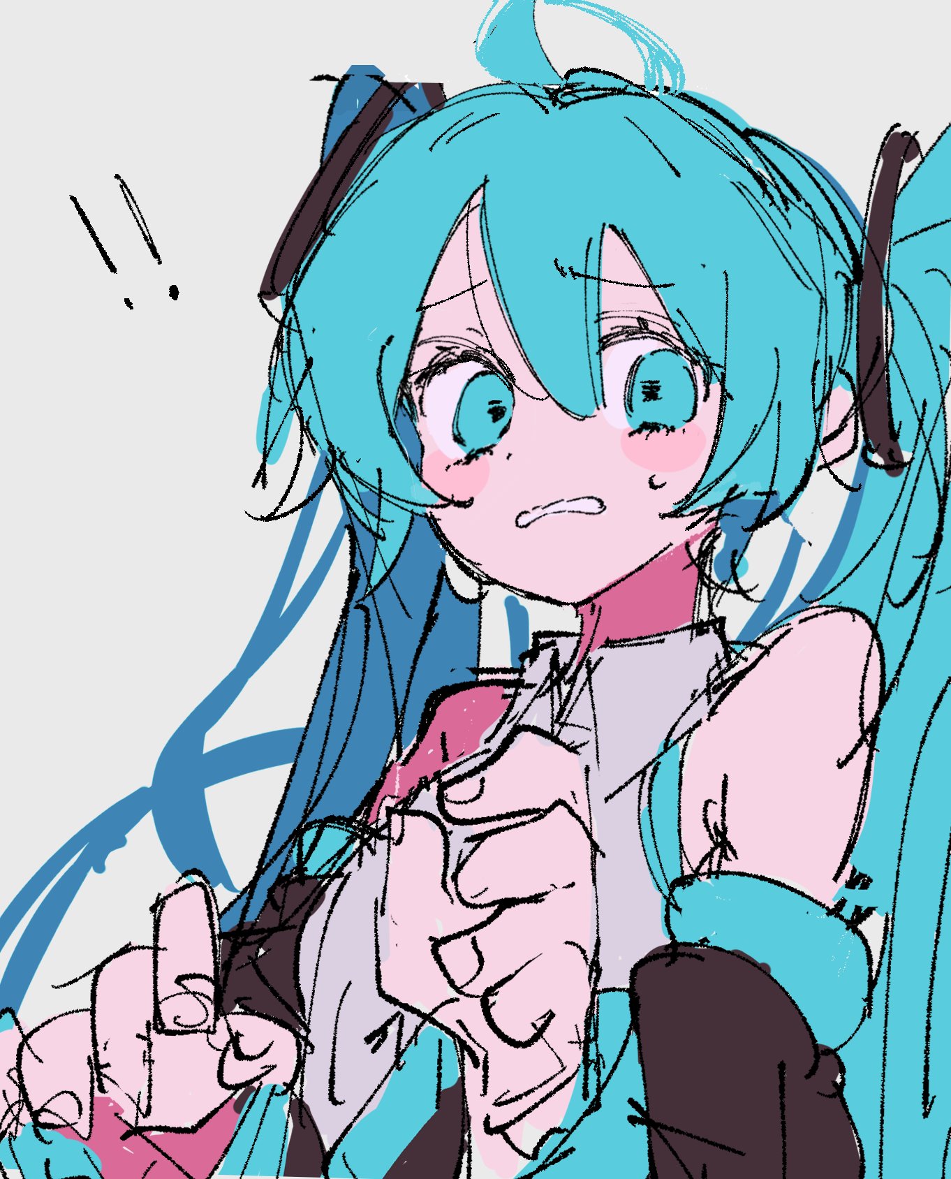 n40a1, hatsune miku, vocaloid, highres, unfinished, !, 1girl, aqua eyes, aqua hair, bare shoulders, black sleeves, detached sleeves, furrowed brow, grey background, grey shirt, holding, long hair, necktie, nervous, nervoushatsune miku, shirt, sleeveless, sleeveless shirt, solo, sweat, twintails, upper body