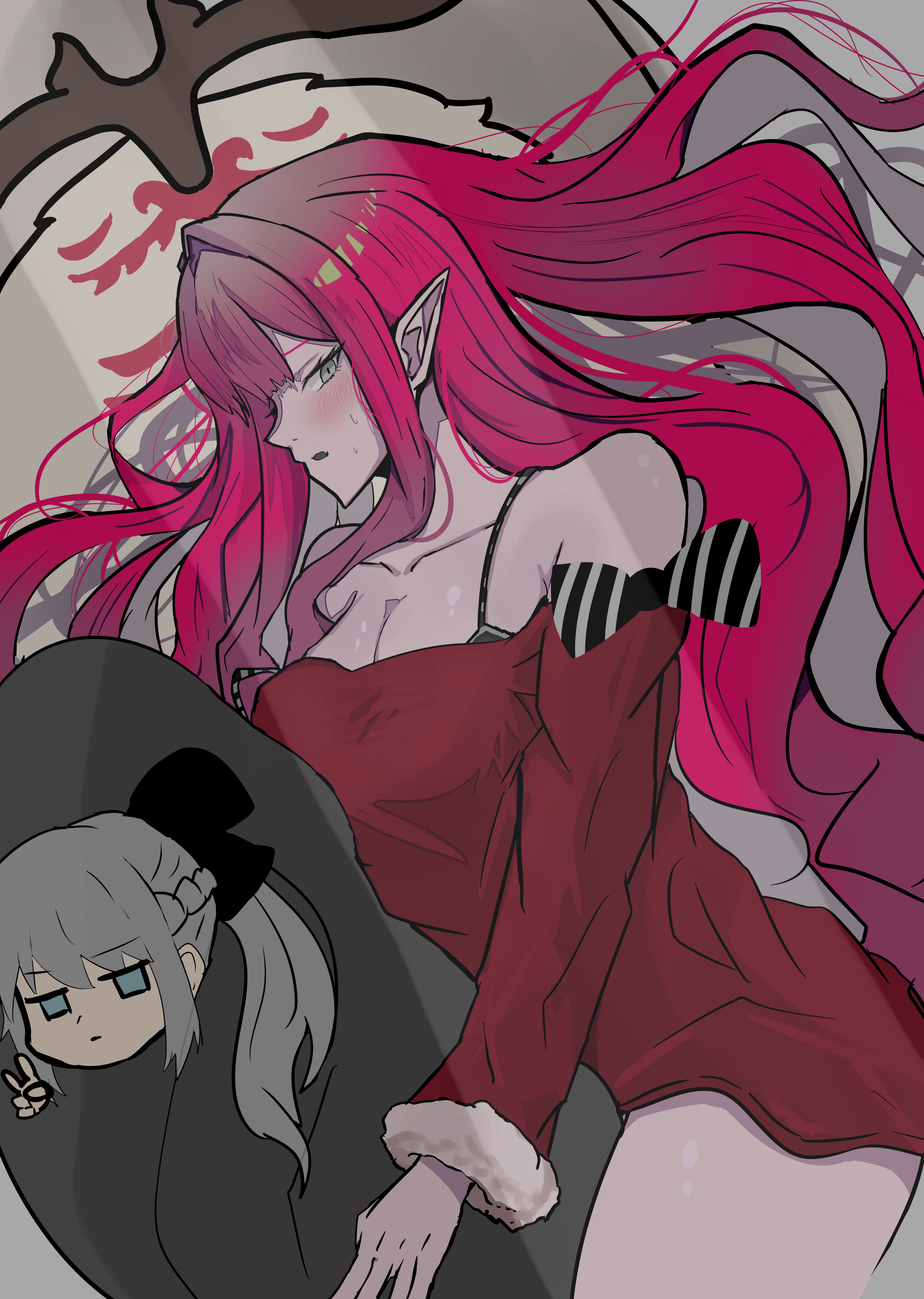 3gsqc0nrivn29dq, baobhan sith (fate), cernunnos (fate), morgan le fay (fate), fate/grand order, fate (series), absurdres, highres, 1girl, bare shoulders, blush, bow, breasts, cleavage, grey eyes, large breasts, long hair, long sleeves, looking at viewer, off shoulder, pink hair, pointy ears, red shirt, shirt, sidelocks, solo, stuffed toy
