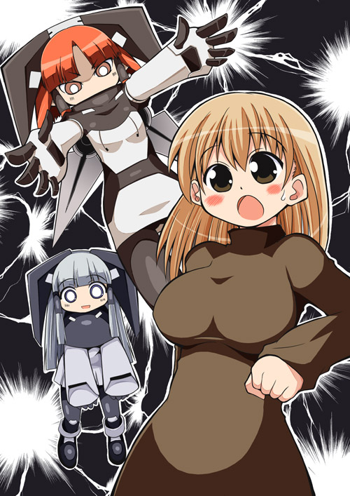 serebi ryousangata, sforce, original, silver hair, 3girls, :o, blonde hair, blush, breasts, brown eyes, large breasts, long hair, multiple girls, open mouth, orange hair, pantyhose, twintails