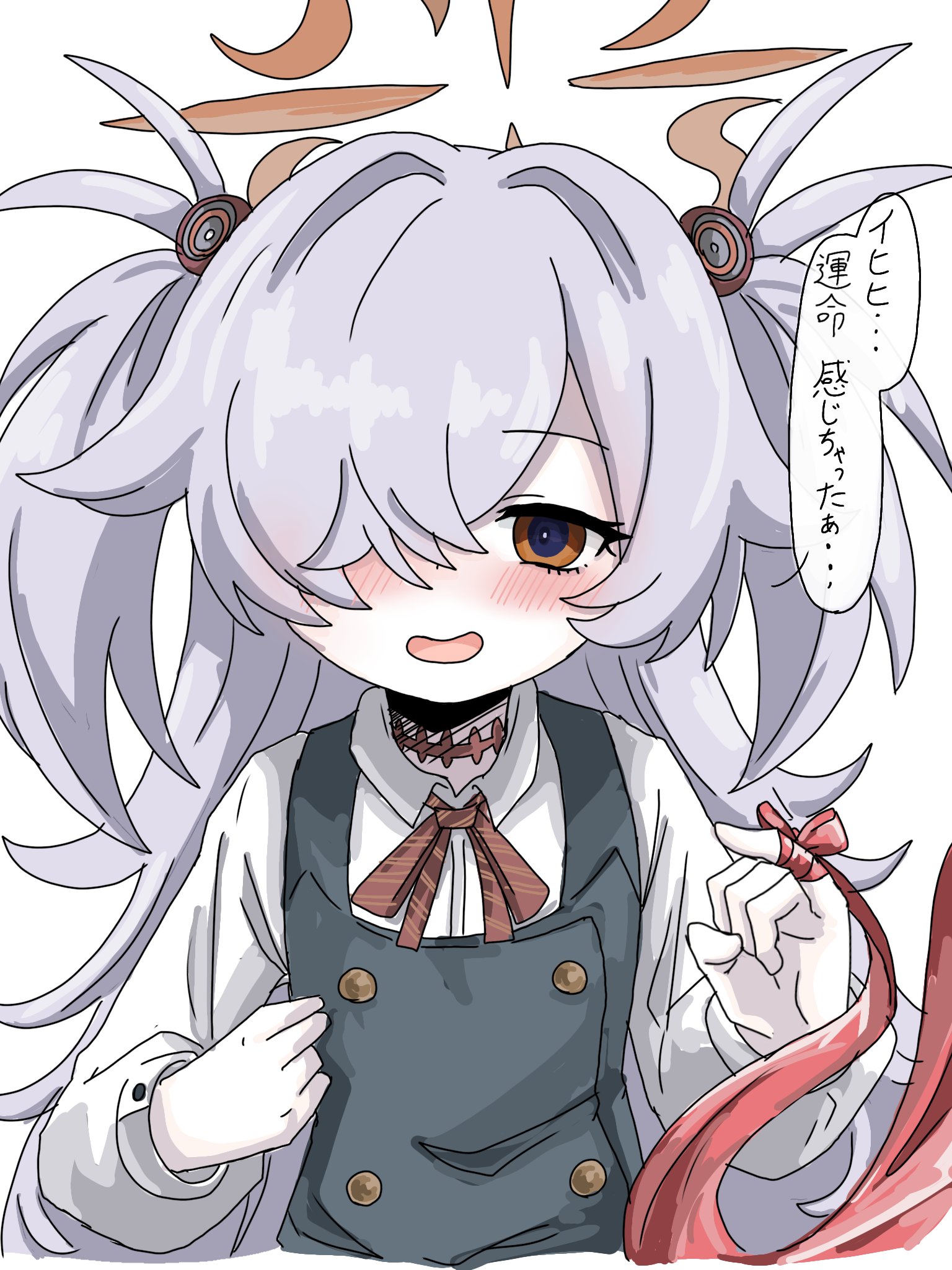 tachikaze miyako, kanoe (blue archive), blue archive, highres, translation request, 1girl, brown halo, diagonal-striped ribbon, dress, hair over one eye, halo, looking at viewer, open mouth, orange eyes, pinafore dress, scar, scar on neck, simple background, sleeveless, sleeveless dress, smile, solo, string, string around finger, string of fate, tilted halo, white background