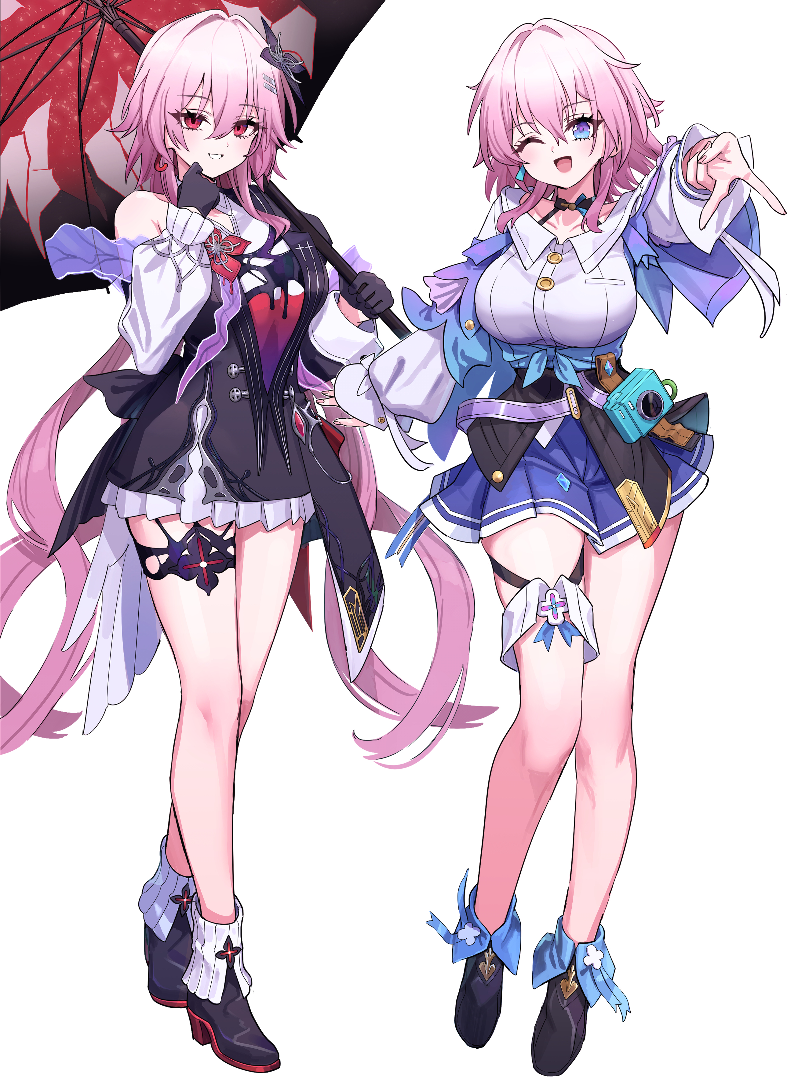 pizzasi, evernight (honkai: star rail), march 7th (honkai: star rail), march 7th (preservation) (honkai: star rail), honkai: star rail, honkai (series), absurdres, commentary request, highres, 2girls, black dress, black gloves, black shoes, blue eyes, blue jacket, blue skirt, breasts, dress, dual persona, full body, gloves, gyaru v, hair between eyes, holding, holding umbrella, jacket, large breasts, long sleeves, multiple girls, one eye closed, pink hair, puffy long sleeves, puffy sleeves, red eyes, red umbrella, shirt, shoes, skirt, standing, umbrella, v, white shirt