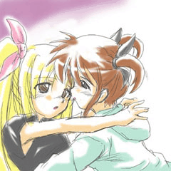fate testarossa, takamachi nanoha, lyrical nanoha, mahou shoujo lyrical nanoha, animated, animated gif, lowres, 00s, 2girls, blonde hair, blush, brown hair, kiss, multiple girls, yuri