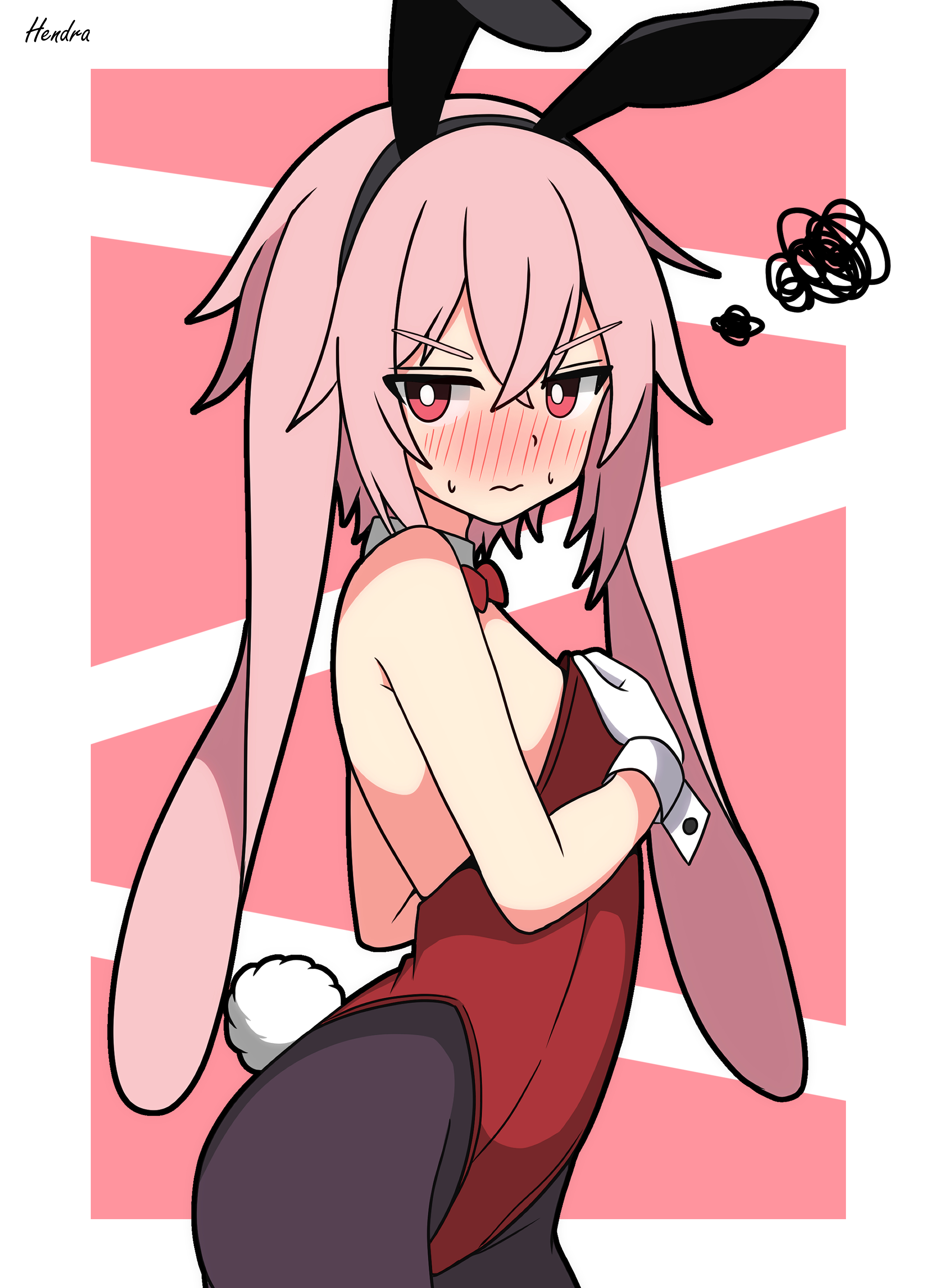 hendra, ansel (arknights), arknights, absurdres, commentary request, highres, 1boy, animal ear hairband, animal ears, artist name, bare shoulders, black pantyhose, blush, bow, bowtie, closed mouth, cowboy shot, crossdressing, crossdressing (mtf), detached collar, fake animal ears, gloves, hairband, highleg, highleg leotard, leotard, looking at viewer, male focus, male playboy bunny, nose blush, pantyhose, pink hair, rabbit boy, rabbit ear hairband, rabbit ears, rabbit tail, red background, red bow, red bowtie, red eyes, red leotard, simple background, solo, squiggle, strapless, strapless leotard, sweat, tail, trap, v-shaped eyebrows, white gloves, wrist cuffs