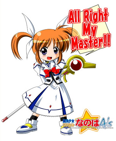 raising heart, raising heart (accel mode), takamachi nanoha, takamachi nanoha (sacred mode), lyrical nanoha, mahou shoujo lyrical nanoha, mahou shoujo lyrical nanoha a's, lowres, 00s, 1girl, :d, arms behind back, black socks, female focus, full body, hair ribbon, legs apart, open mouth, orange hair, purple eyes, ribbon, shoes, short hair, simple background, smile, socks, solo, staff, standing, twintails, two side up, wand, white background