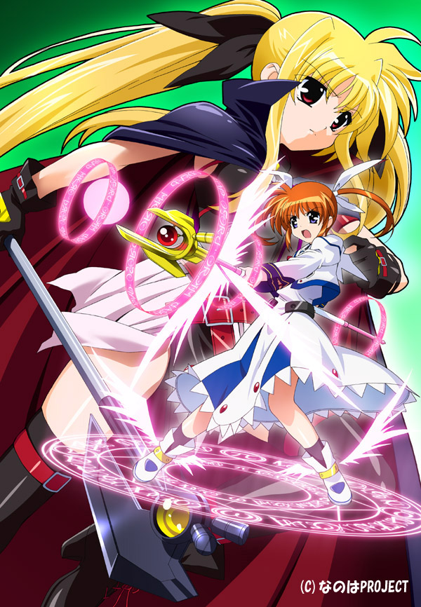 okuda yasuhiro, bardiche (device form) (nanoha), bardiche (nanoha), fate testarossa, fate testarossa (original form), raising heart, raising heart (shooting mode), takamachi nanoha, takamachi nanoha (original mode), lyrical nanoha, mahou shoujo lyrical nanoha, winged footwear, official art, 00s, 2girls, belt, blonde hair, bow, brown hair, cape, dress, gloves, long hair, magic circle, magical girl, multiple girls, purple eyes, red bow, red eyes, red hair, shoes, short hair, thighhighs, twintails, very long hair, white devil, wings