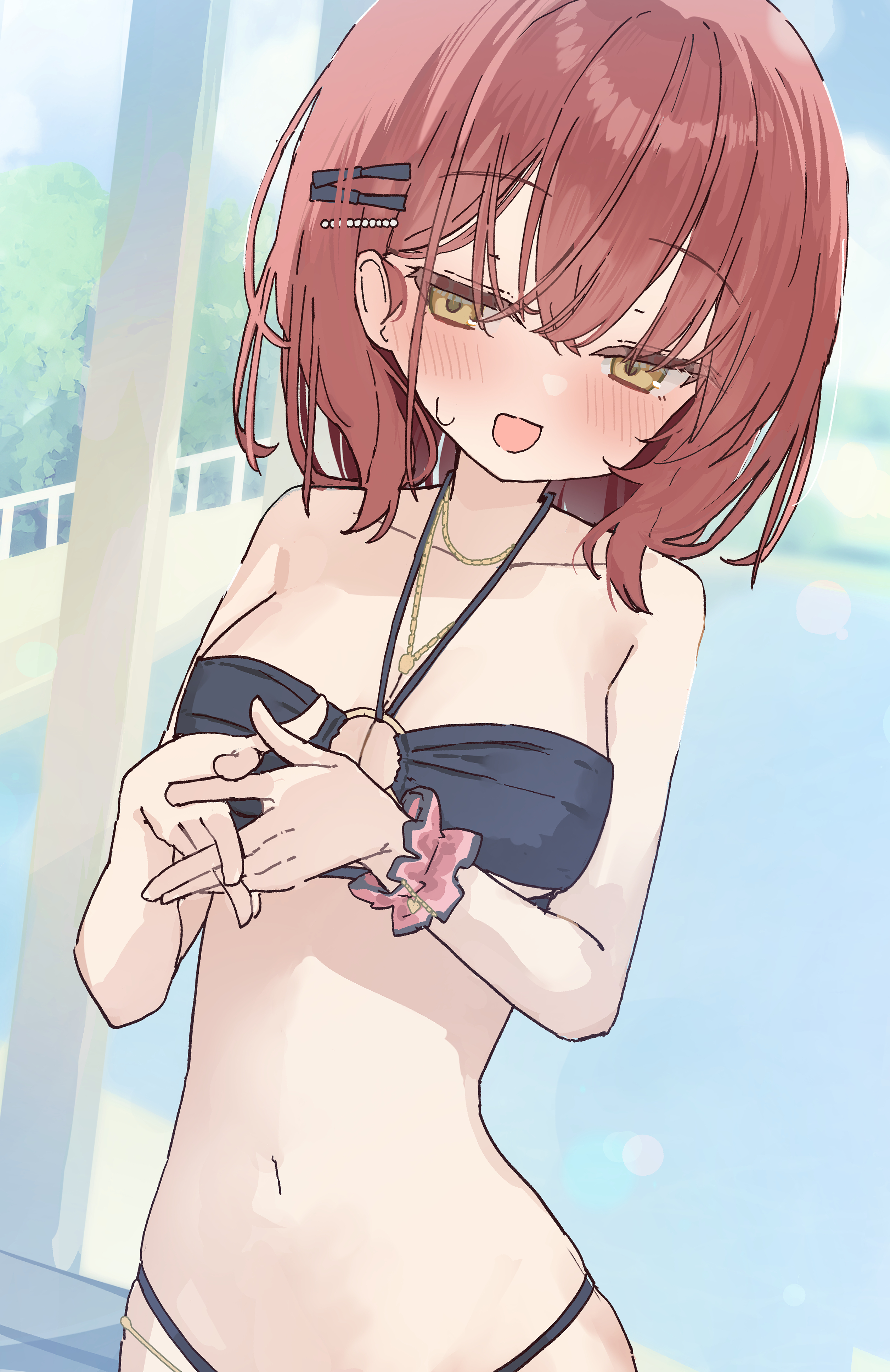 inaba reito, younger twin sister (muninshiki), absurdres, highres, 1girl, bikini, black bikini, blush, breasts, collarbone, gold necklace, hair between eyes, hair ornament, hairclip, halterneck, interlocked fingers, jewelry, looking at viewer, medium breasts, medium hair, navel, necklace, o-ring, o-ring bikini, o-ring top, open mouth, own hands together, red hair, scrunchie, smile, solo, sweatdrop, swimsuit, wrist scrunchie, yellow eyes